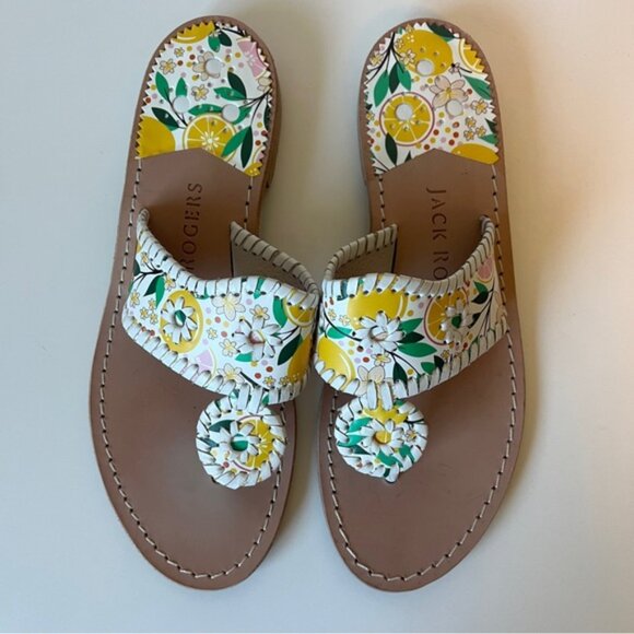 Jack Rogers Lemon Print Leather Flat Sandal - Picture 3 of 5